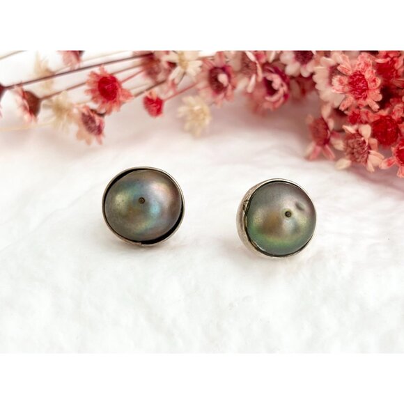 Iridescent Stoned Round Cut Bezel Set Vintage Sterling Silver 925 Stud Earrings - Picture 2 of 9